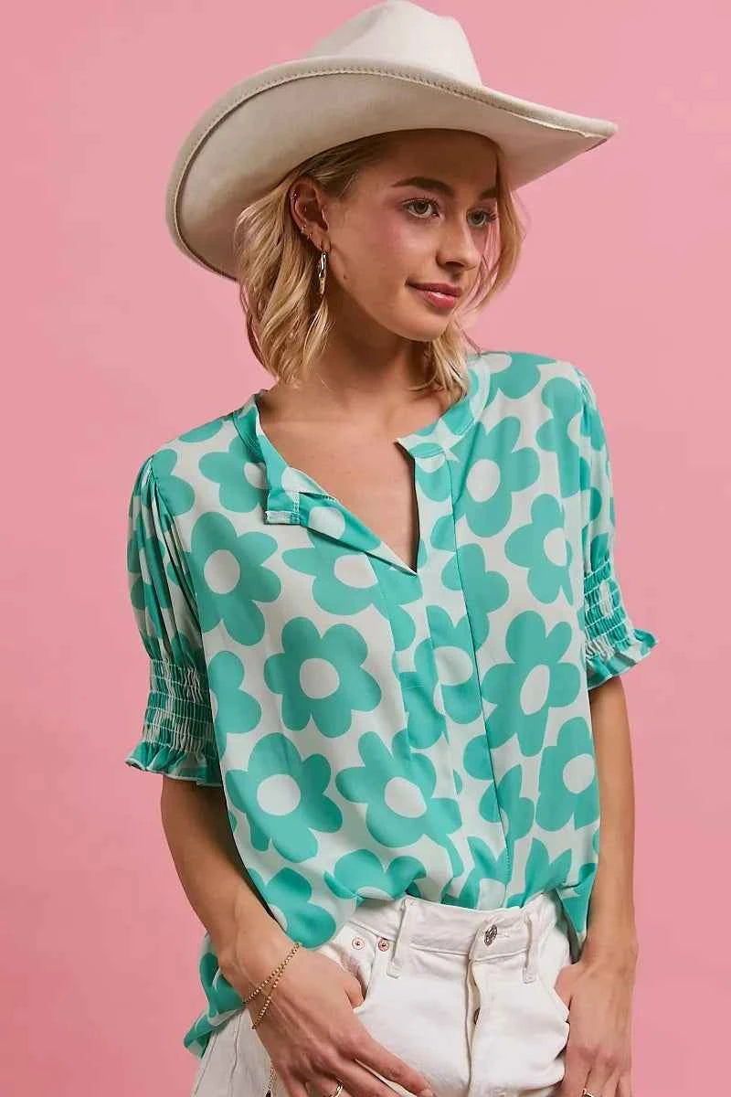BiBi Flower Printed Woven Smocking Sleeves V Neck Top MINT 3651d7df1b05427bad919de69046c3a8-Max-Origin