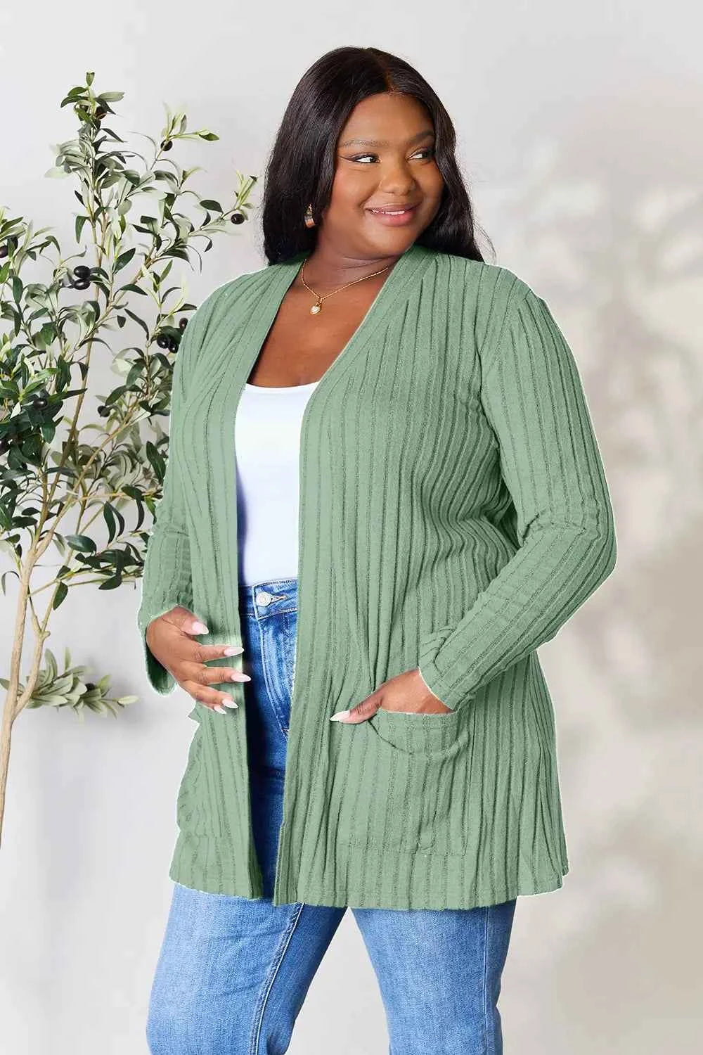 Basic Bae Full Size Ribbed Open Front Cardigan with Pockets 3656a8731c524563985961255786d827-Max