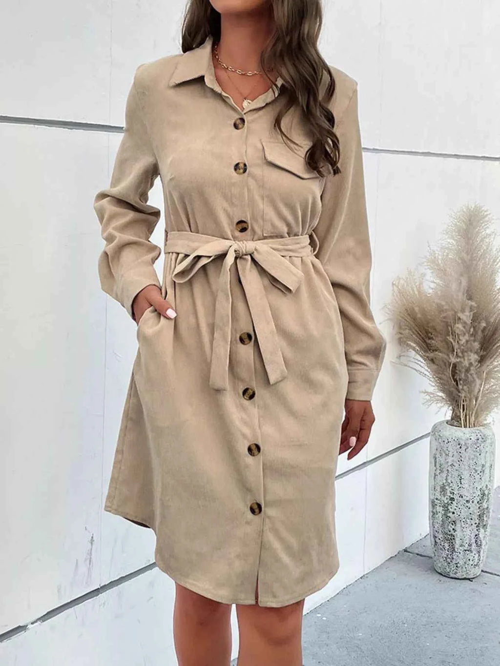 Button-Front Tie Waist Shirt Dress 366a35a3-ee46-4684-9218-025bca5becdb-Max-Origin