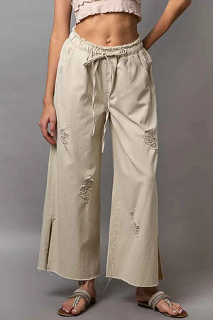 Distressed Drawstring Slit Wide leg Pants Cream 366c06c9-48fa-4e9d-9018-cb778fb3d200-Max-Origin