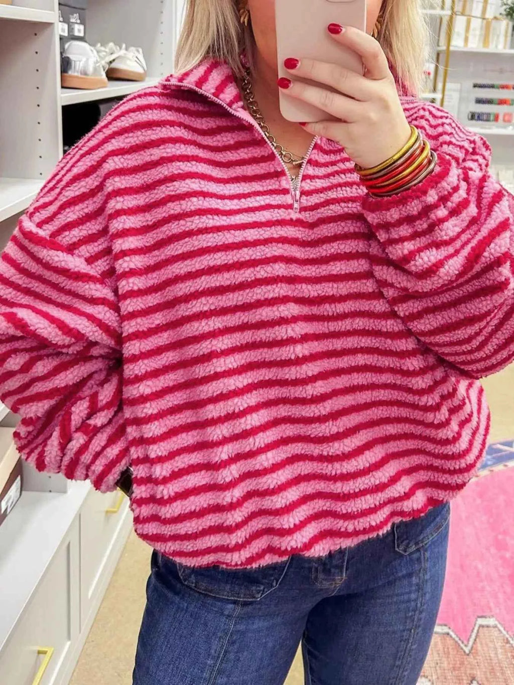Striped Quarter-Zip Fleece Sweatshirt 366fe400-8bbe-48f0-b7cf-a755e378e813-Max-Origin