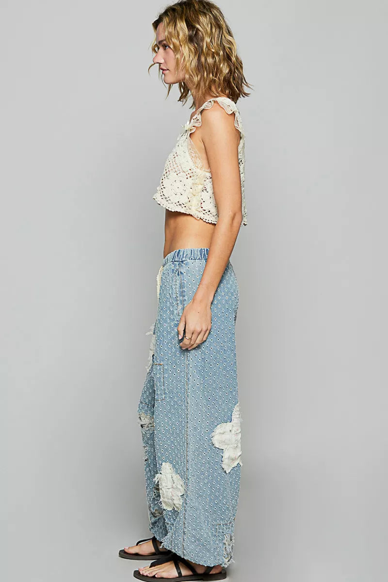 POL Floral Patch Washed Textured Twill Pants with Crochet See Thru Patch 3671cebb-e7b1-4b9d-851a-e1f299e4234e-Max-Origin