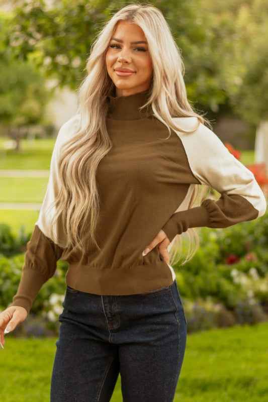 Colorblock Raglan Puff Sleeve Mock Neck Sweater Desert Palm 36768d84-88b1-441b-9c85-e693f82a73d9