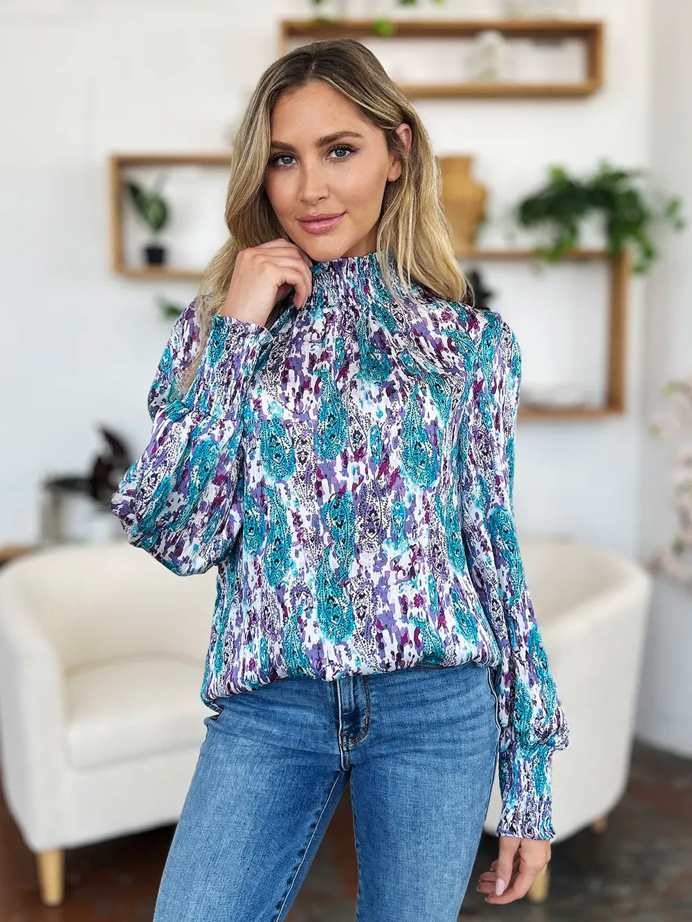 Double Take Full Size Printed Smocked Long Sleeve Blouse 367782bf-215c-40e5-a482-c5e9bf5e1fe5-Max