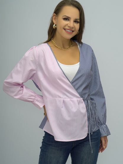 Shiny Surplice Neck Striped Long Sleeve Blouse