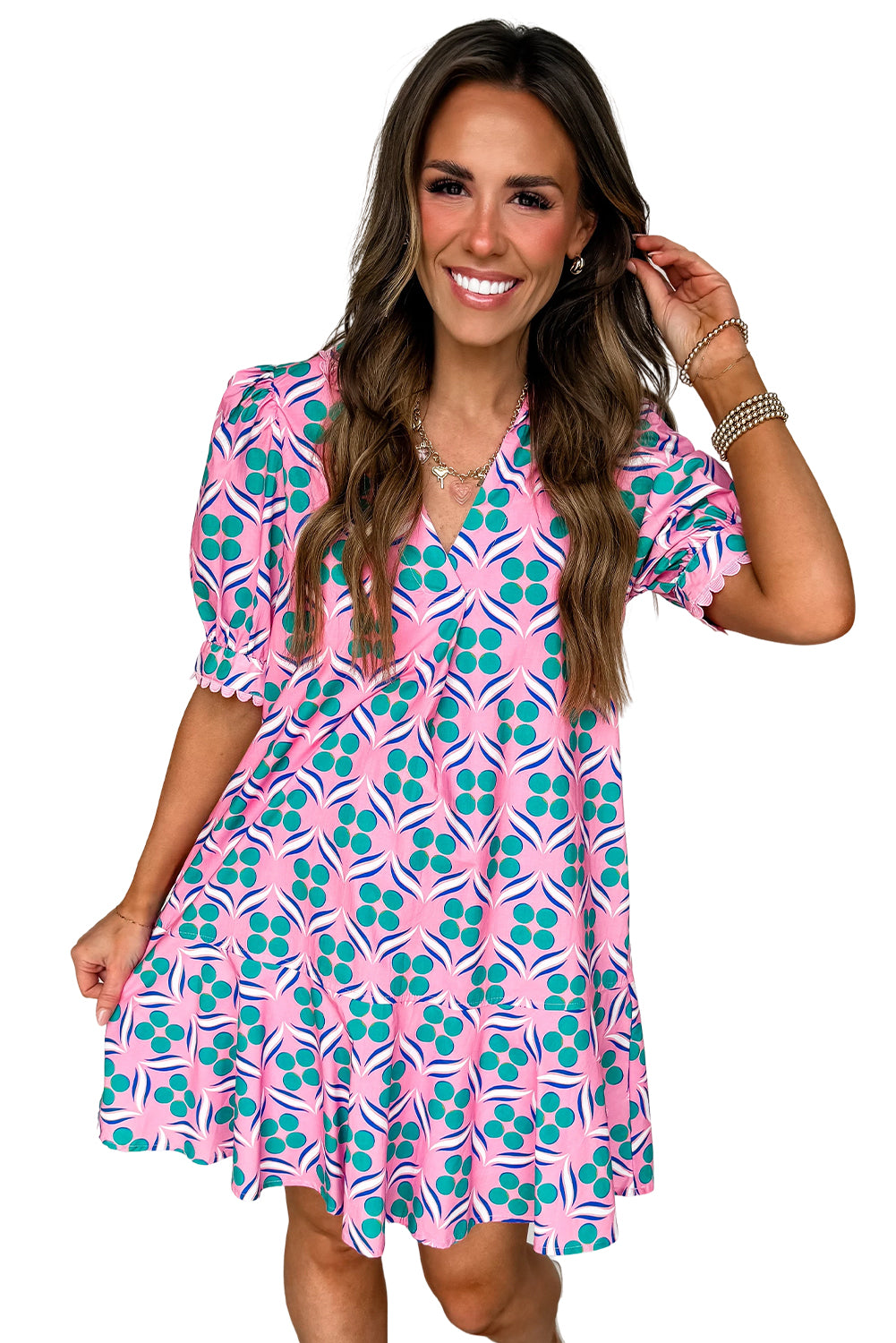 Pink Geometric Print V-Neck Ricrac Trim Mini Dress 367edc427961bf86