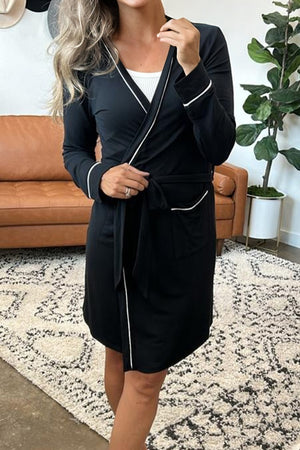 Black Contrast Trim Hooded Lounge Cardigan and Pants Set Black 65%Polyester+30%Viscose+5%Elastane 368235c0cf6a54ff
