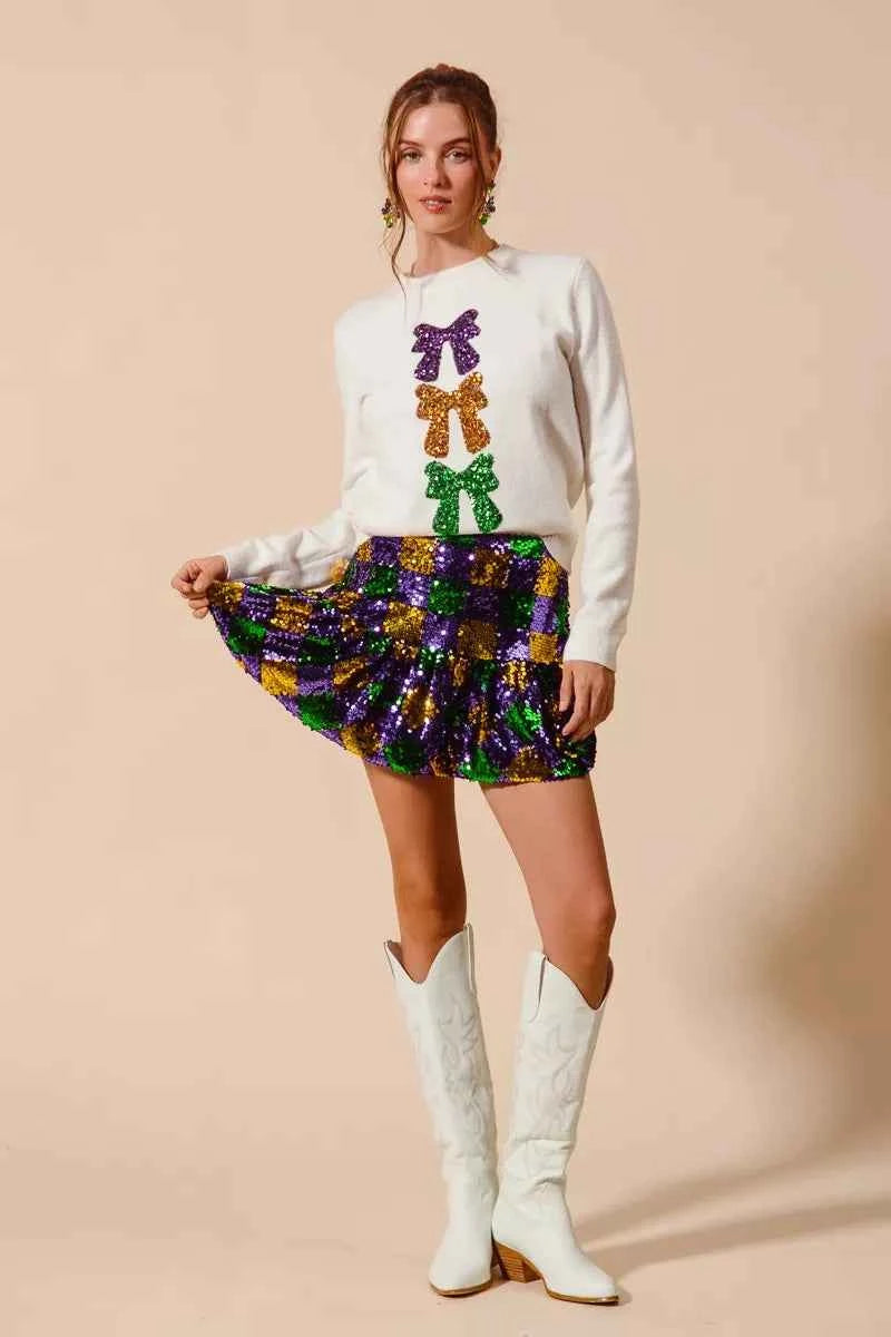 SO ME Mardi Gras Checker Sequins Mini Skirt 368ea20535b147beab8a7ae1060536f0-Max-Origin