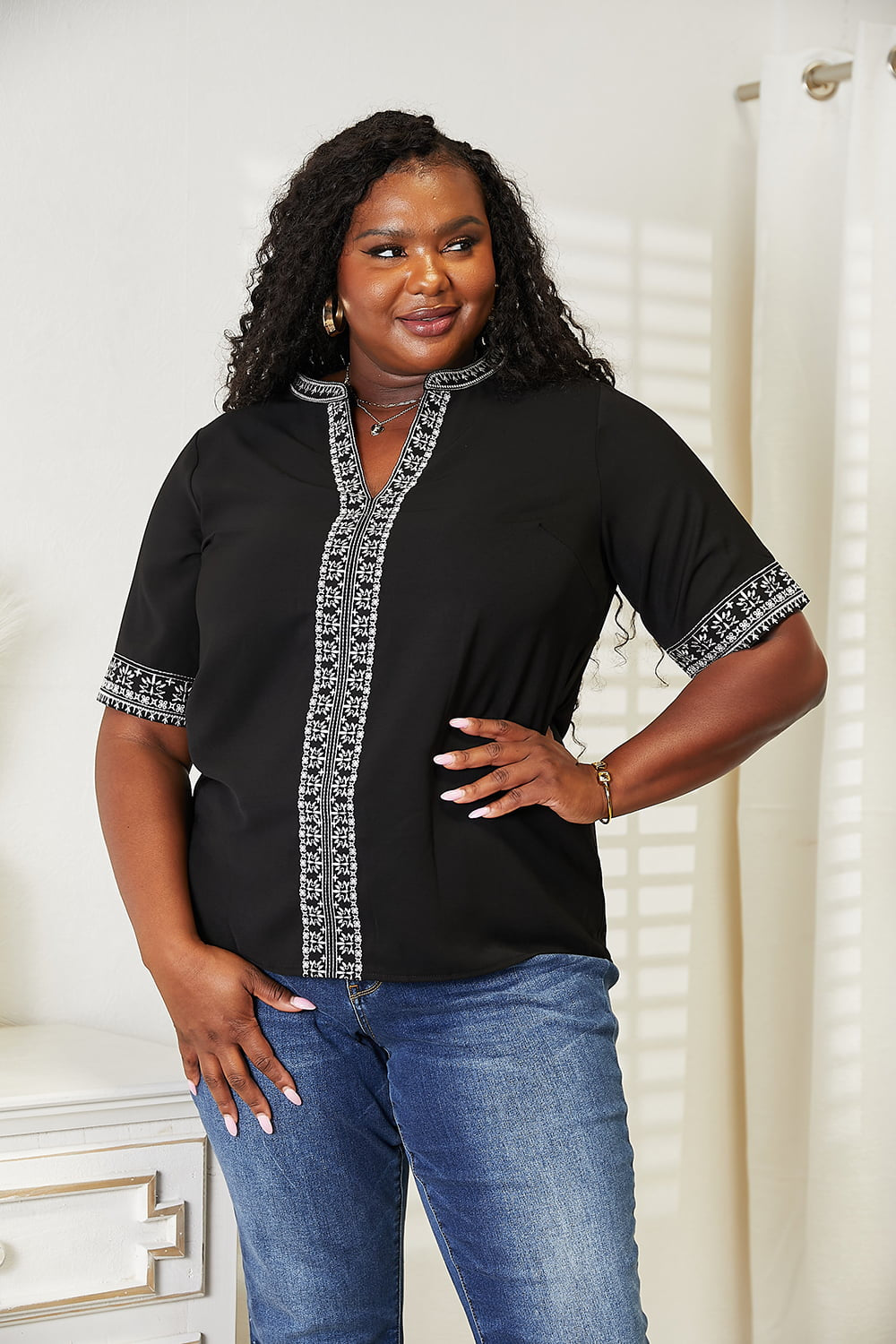 Double Take Embroidered Notched Neck Top 3692aba3c11549d895d52ae637c8c9a9-Max