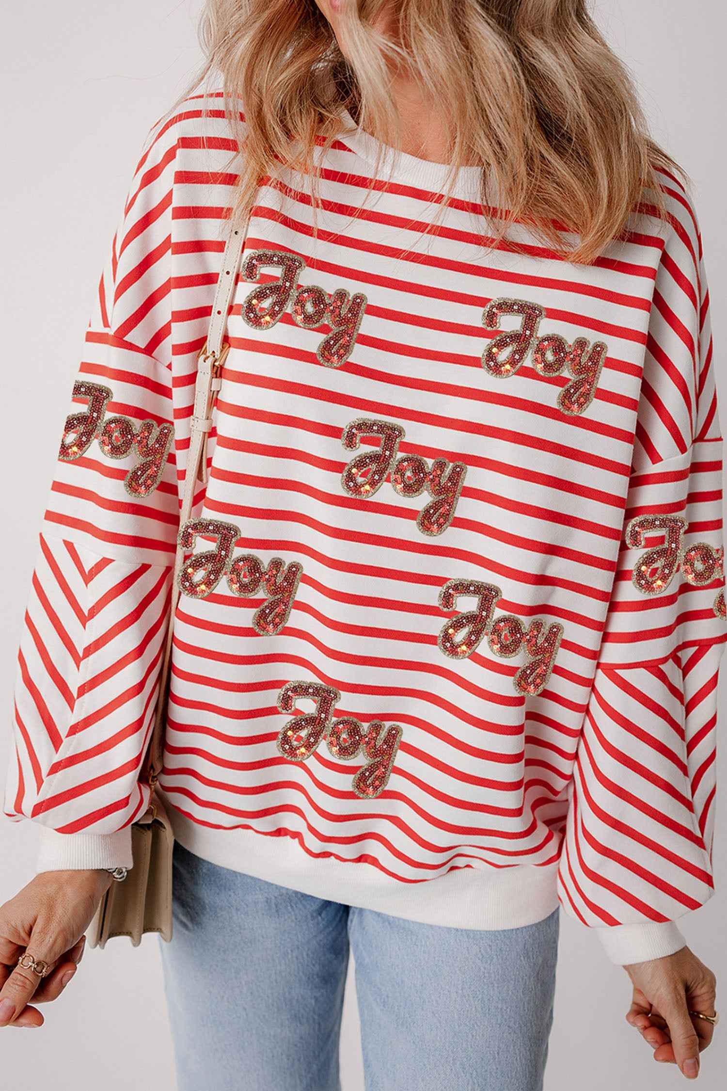 Orange Stripe Sequined Joy Pattern Patchwork Sleeve Round Neck Sweatshirt 3694c9c09106a70e