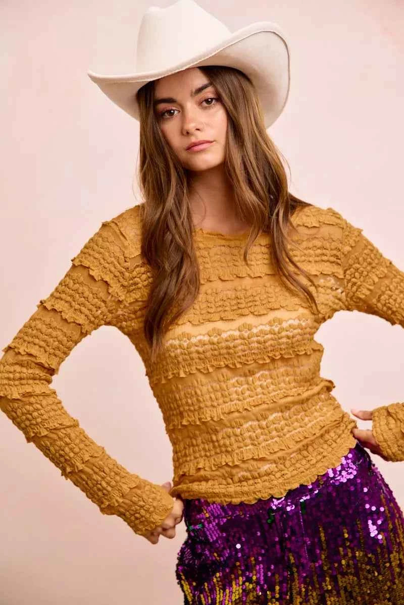 Ruffles Detail Mardi Gras Color Flower Lace Top 3697683467c5489987fdf708ff2ed16a-Max-Origin