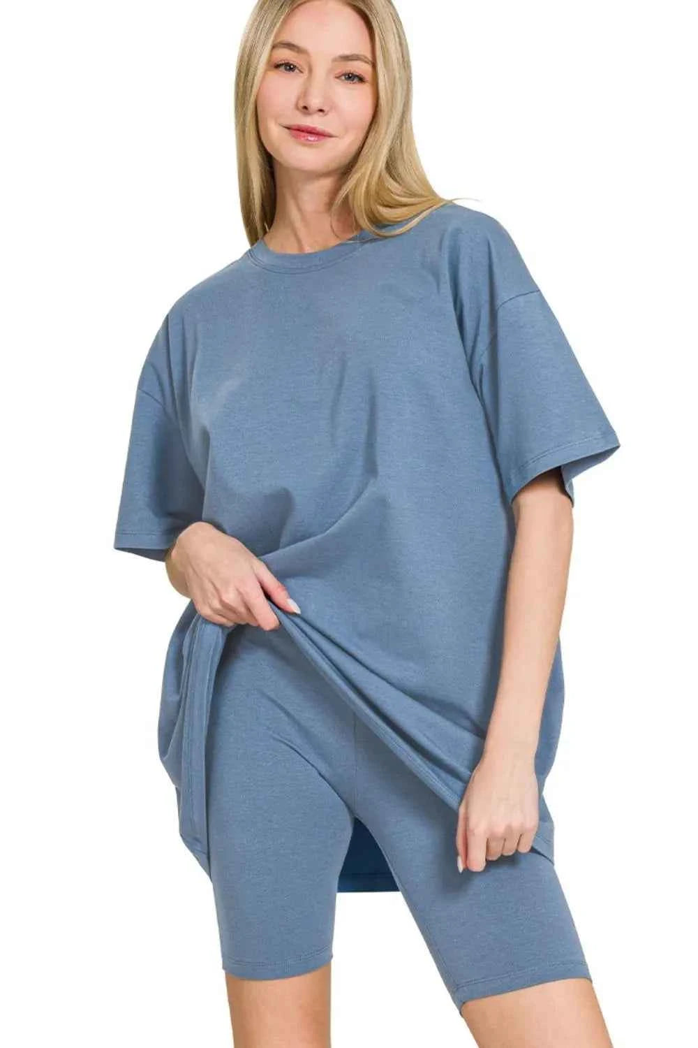 Zenana Cotton Round Neck Top & Biker Shorts DUSTY BLUE 3699145f-d123-40d9-82b1-4298f8f0ad4b-Max-Origin