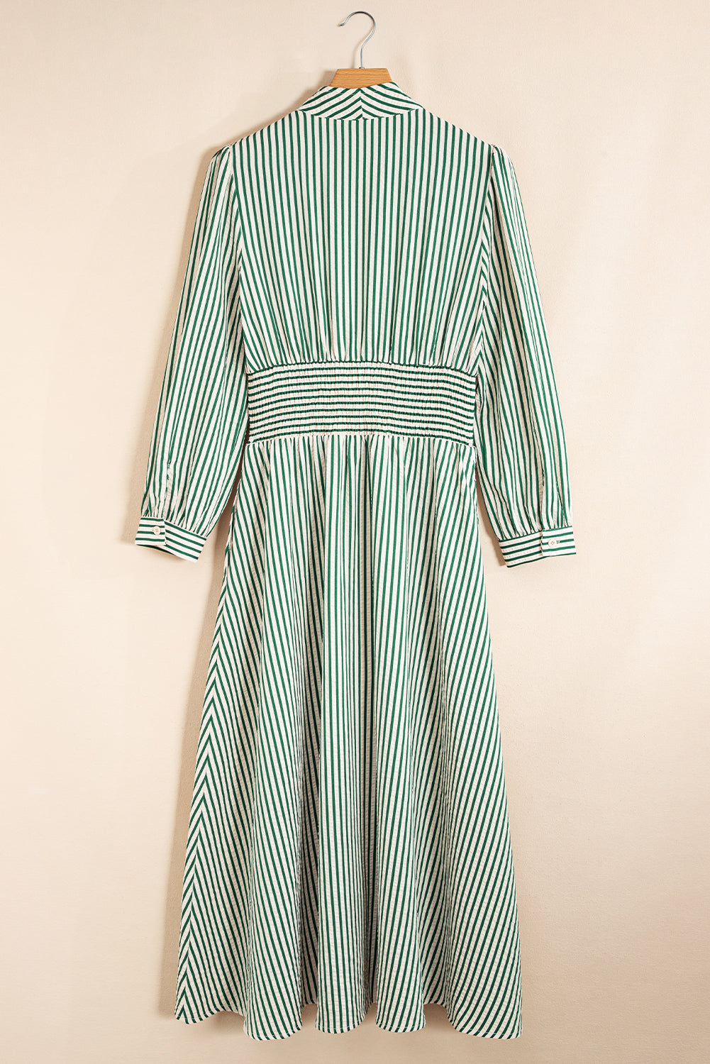 Green Striped V Neck Zip Front Cinched High Waist Midi Dress 369d4dea37977f34