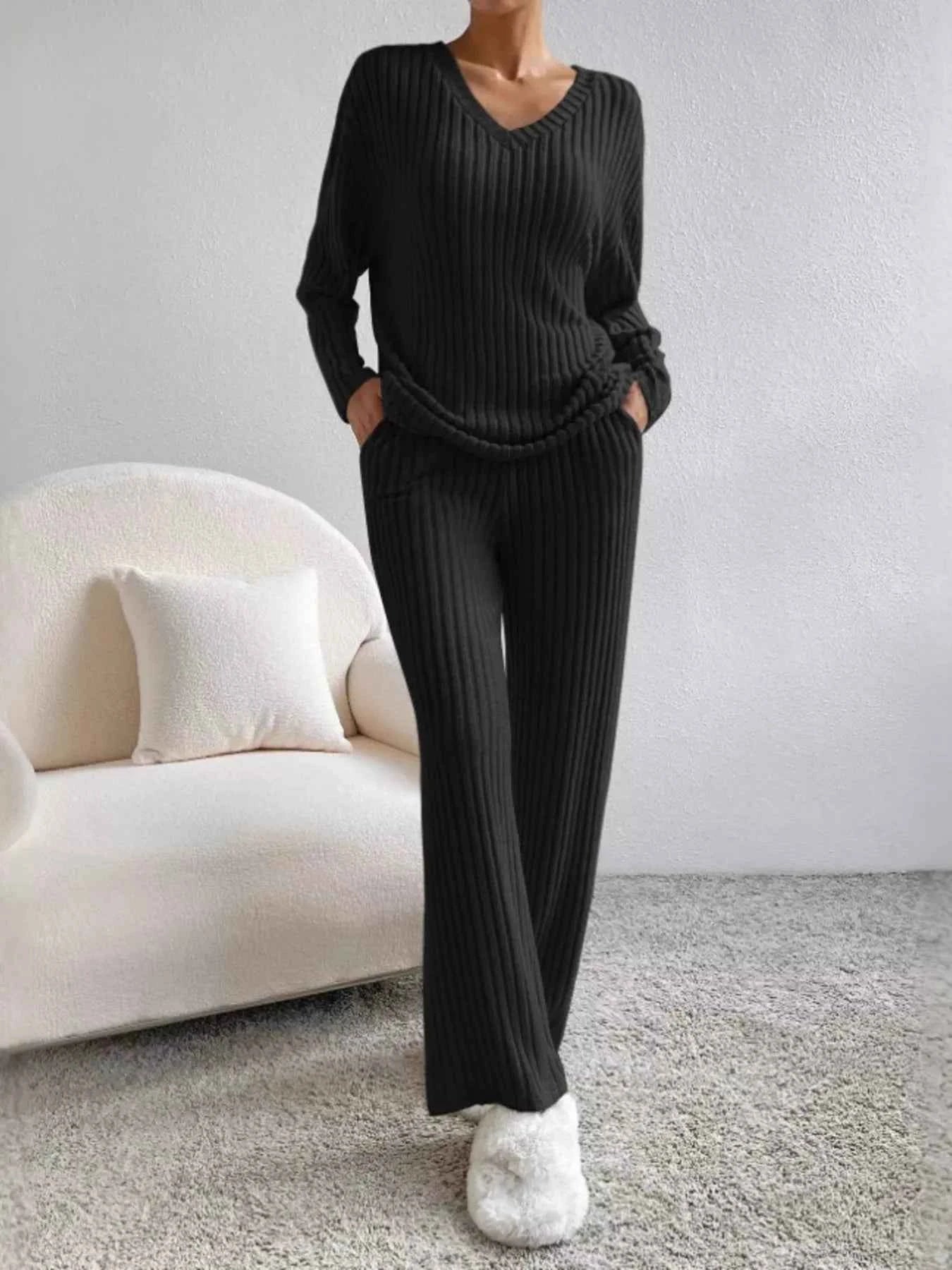 Ribbed V-Neck Top and Pants Set Black 369dee0d2a7143689c2d8e9058c309b1-Max-Origin