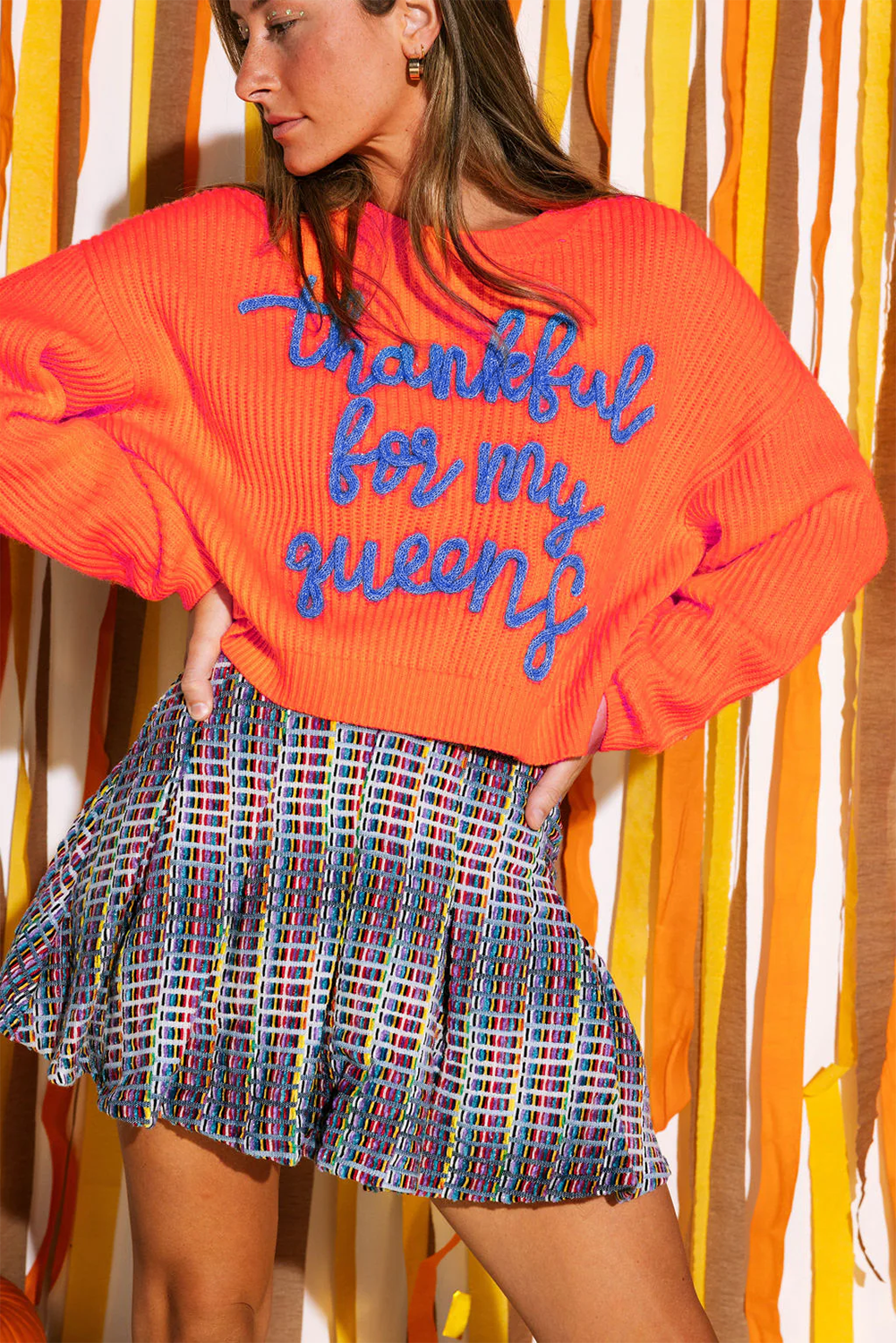 Vitality Orange Thankful for my queens Ribbed Knit Drop Shoulder Graphic Sweater 369ee9e622d79610