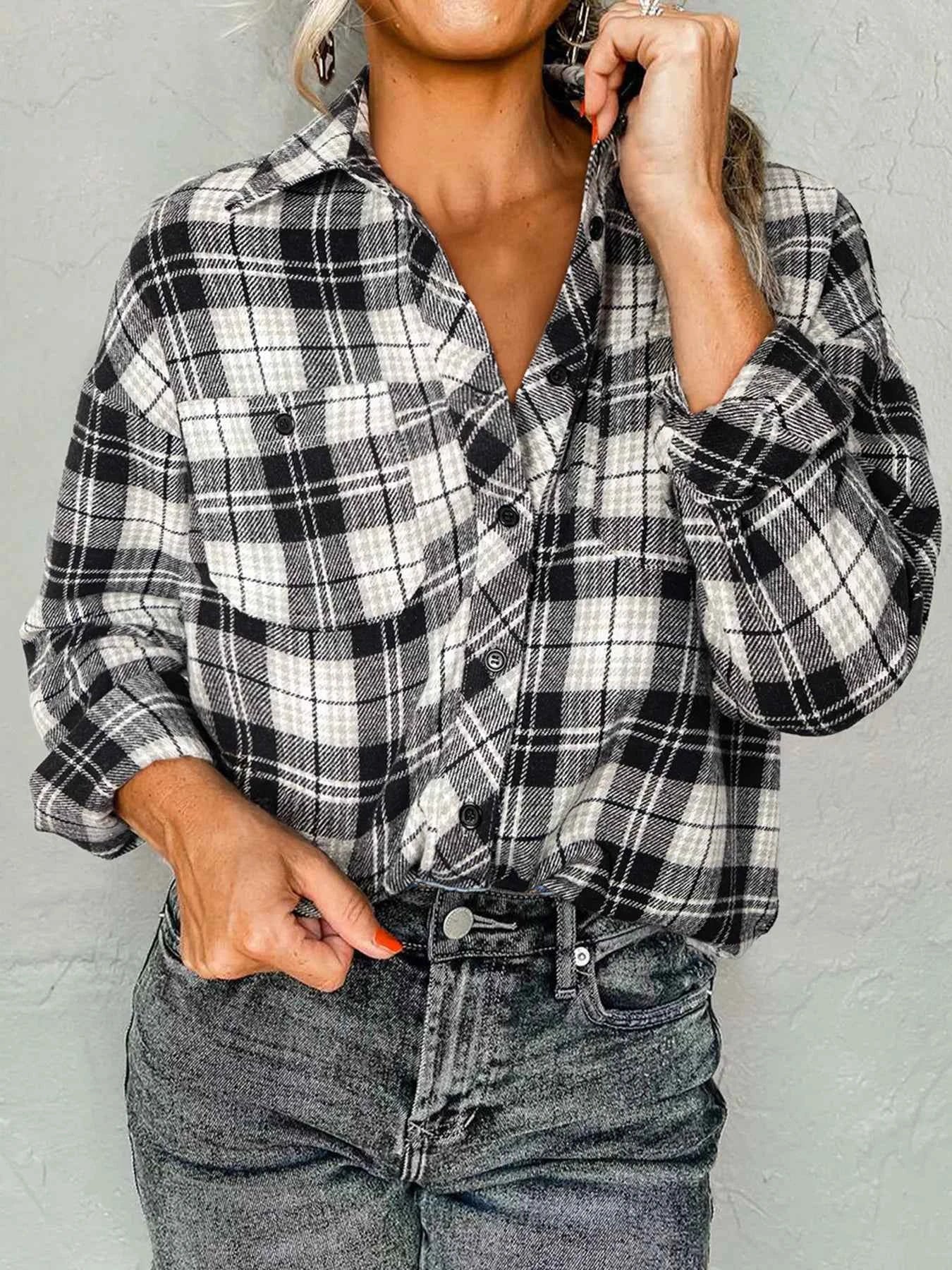 Plaid Print Chest Pockets Buttoned Shirt Black 36a415d835194b51ac939f63920c94f9-Max-Origin