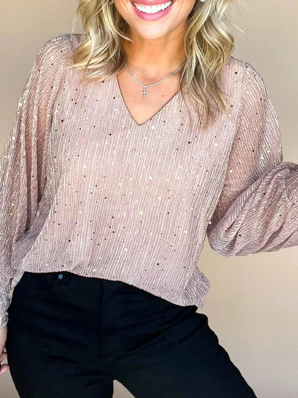 Sequin V-Neck Flounce Sleeve Blouse 36a51164-48da-4a2d-b6b5-b52fbd0a3f25-Max-Origin