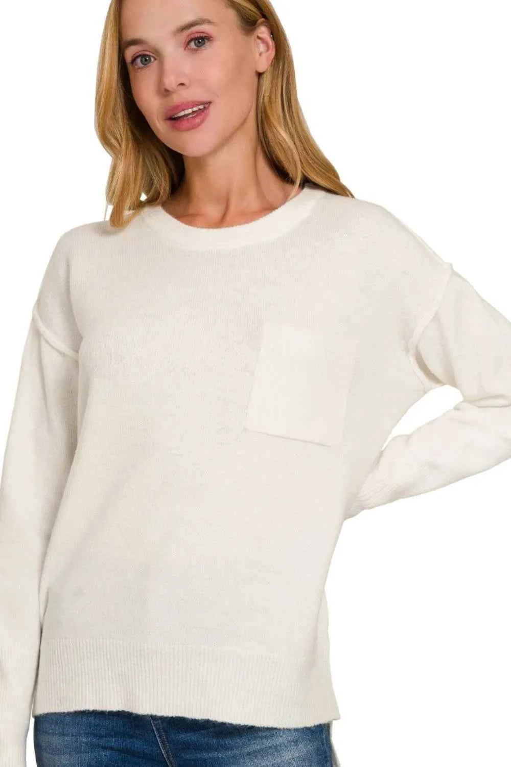 Zenana Melange Hi-low Hem Round Neck Sweater IVORY 36a7cfa0-8c85-46b4-9939-935a207da106-Max-Origin