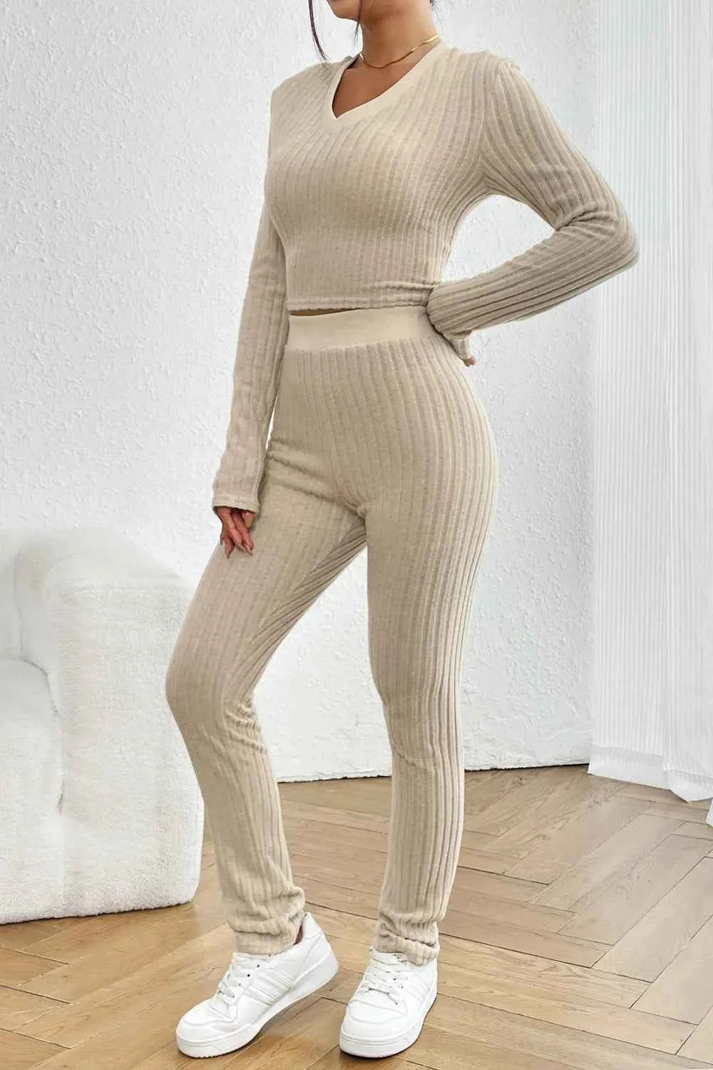 Ribbed V-Neck Long Sleeve Cropped Top and Pants Set 36aec259-04ba-4880-ae68-26d7810c373d-Max