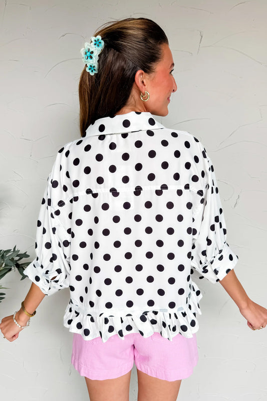 White ka Dot Print Three Quarter Sleeve Ruffle Hem Casual Shirt 36aedf25f4c51bce