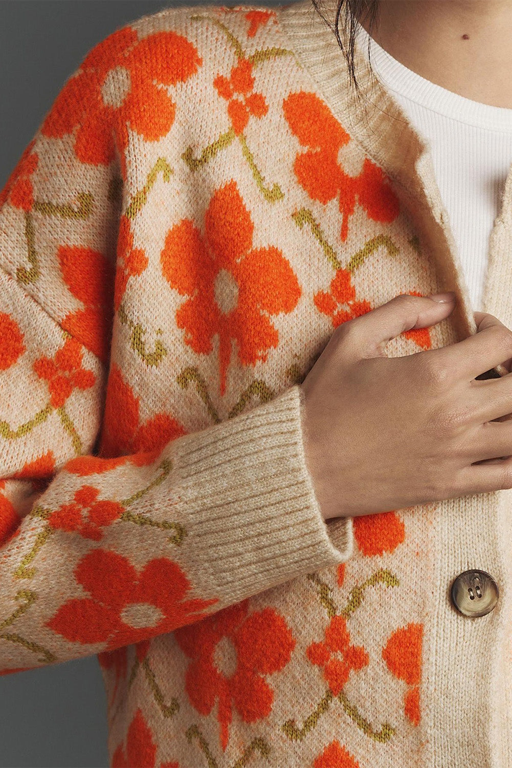 Orange Floral Button Round Neck Knit Cardigan 36b08bcfb4aafc35