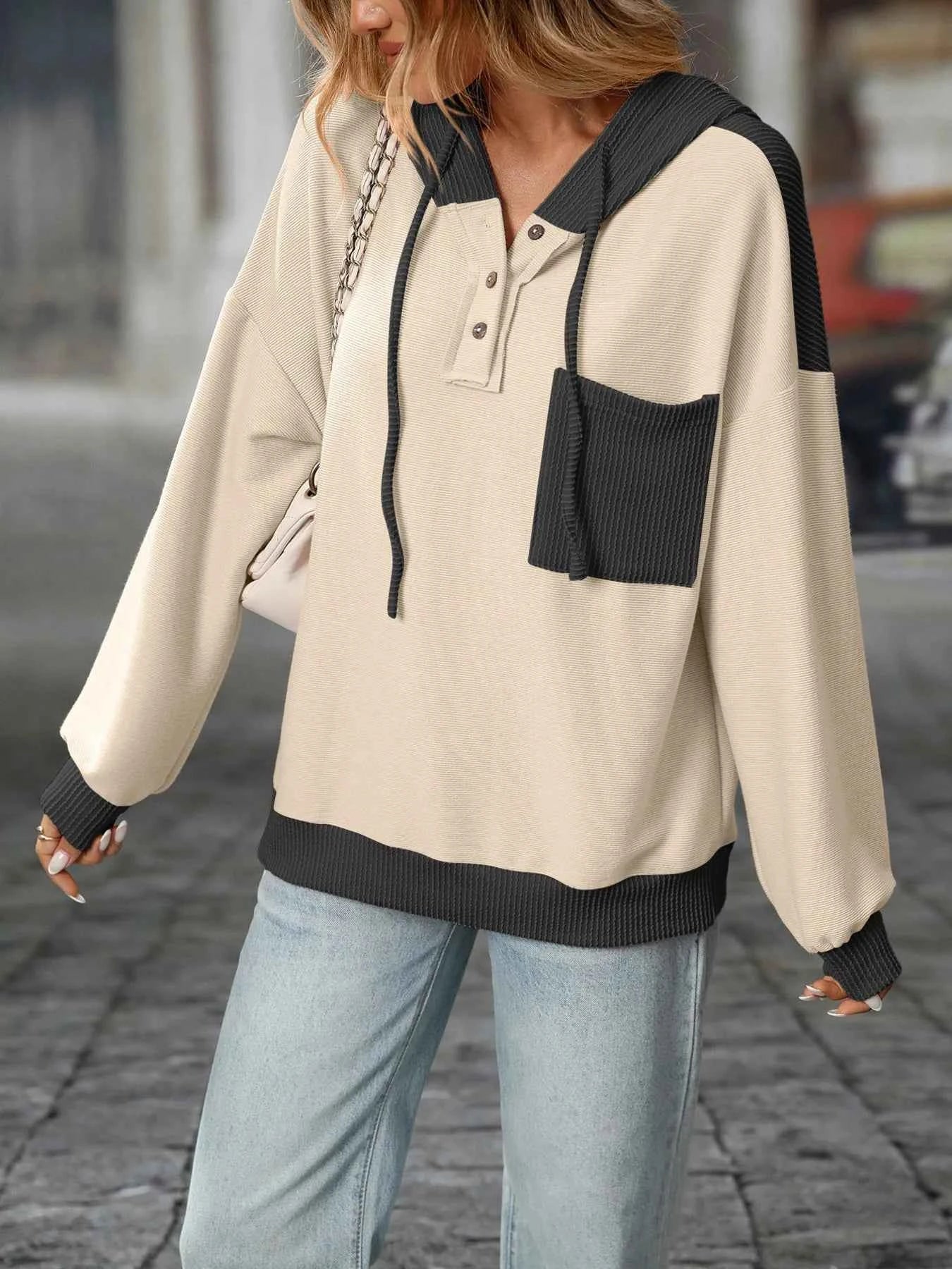 Drawstring Button Detail Long Sleeve Hoodie 36b669027b3142be9a22b426b5a83f6c-Max-Origin