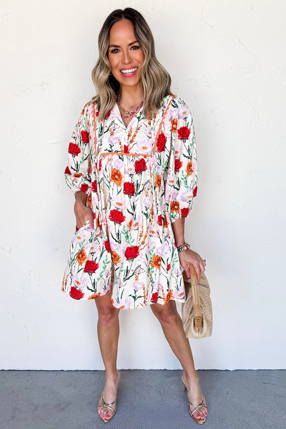 Beige Floral Print 3/4 Puff Sleeve Ricrac Trim Mini Dress 36b905ece61e5839