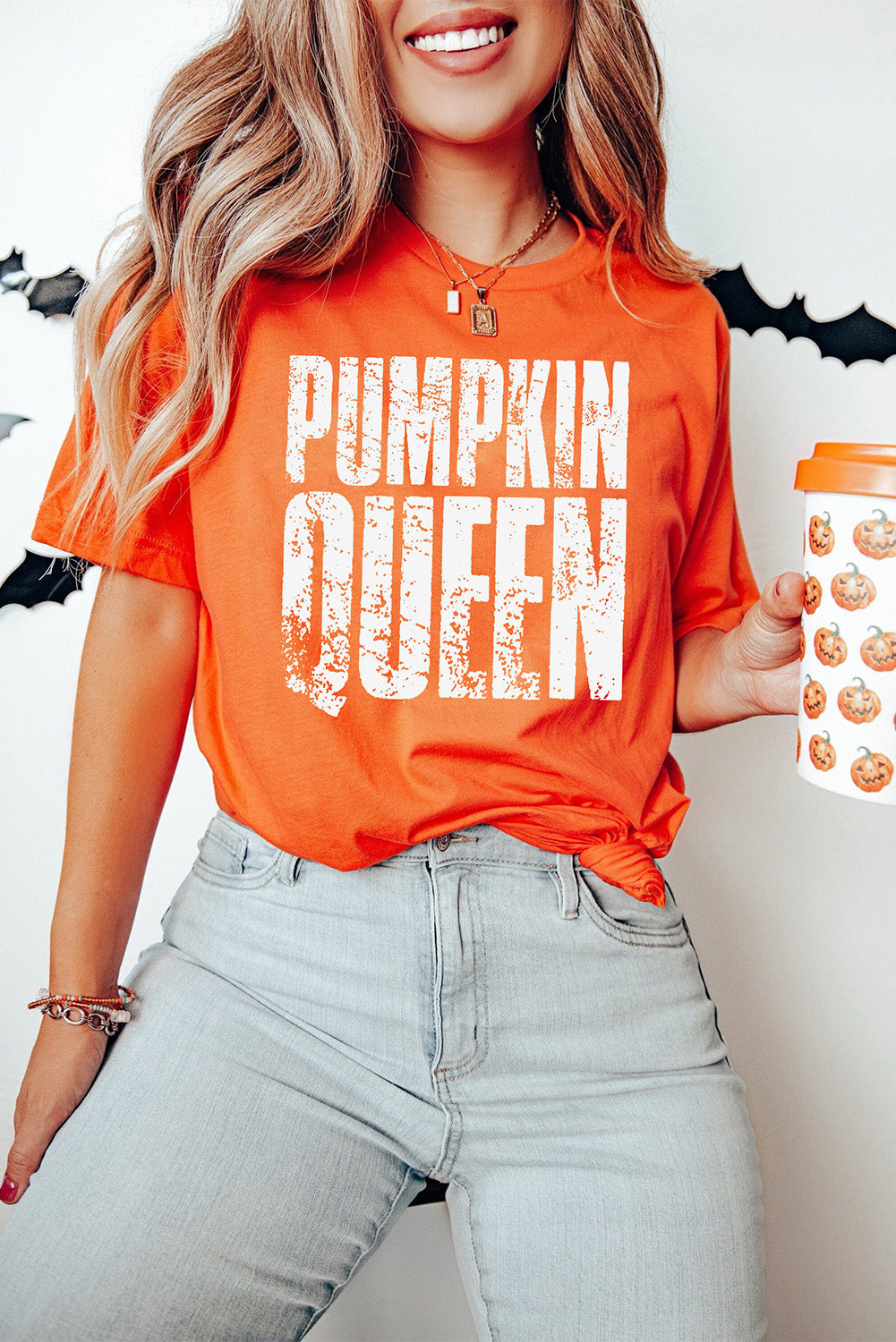 Orange PUMPKIN QUEEN Heat Transfer Printing Graphic Crew Neck Tee 36c0061059271ace