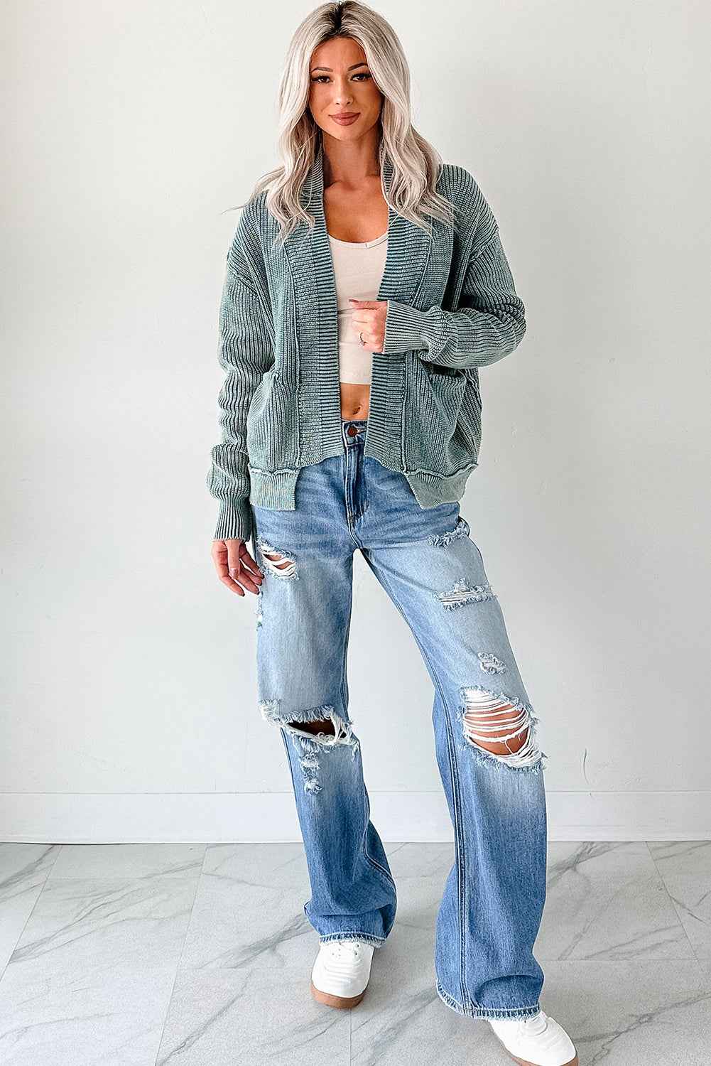 Chestnut Mineral Wash Exposed Seam Patchwork Knit Open Sweater Cardigan 36c0bc9de6361e36