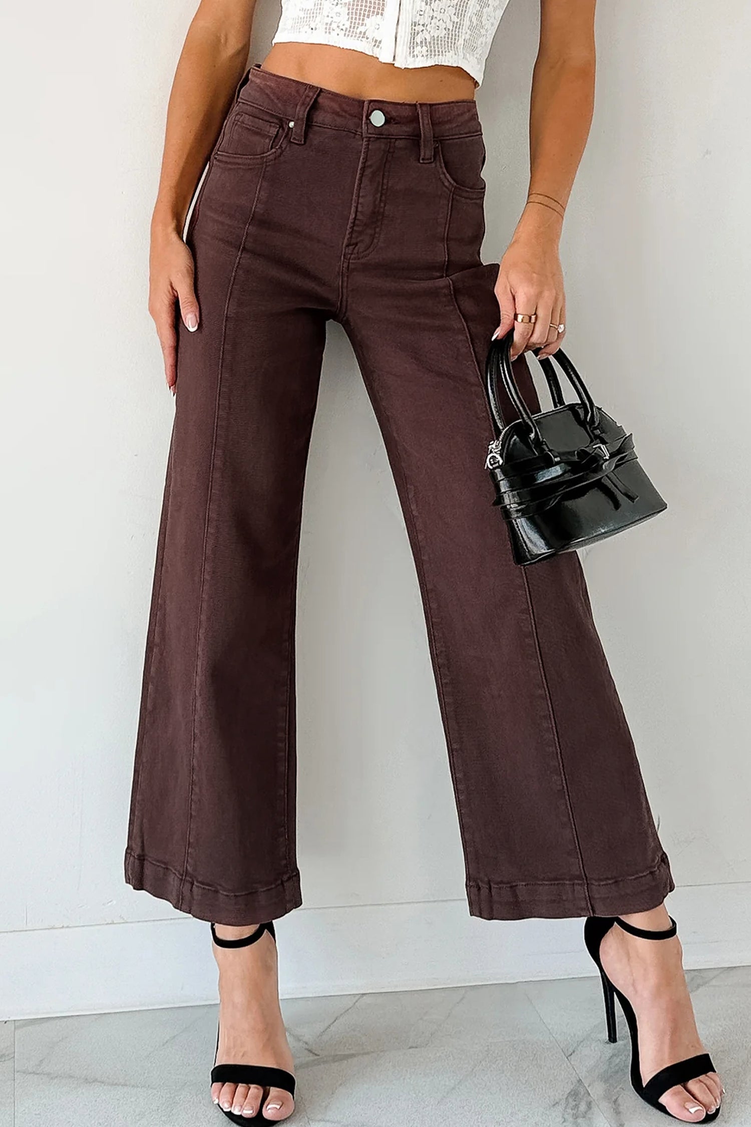 Apricot Solid Color Seamed Center Wide Leg Cropped Jeans 36c62c99f135e906