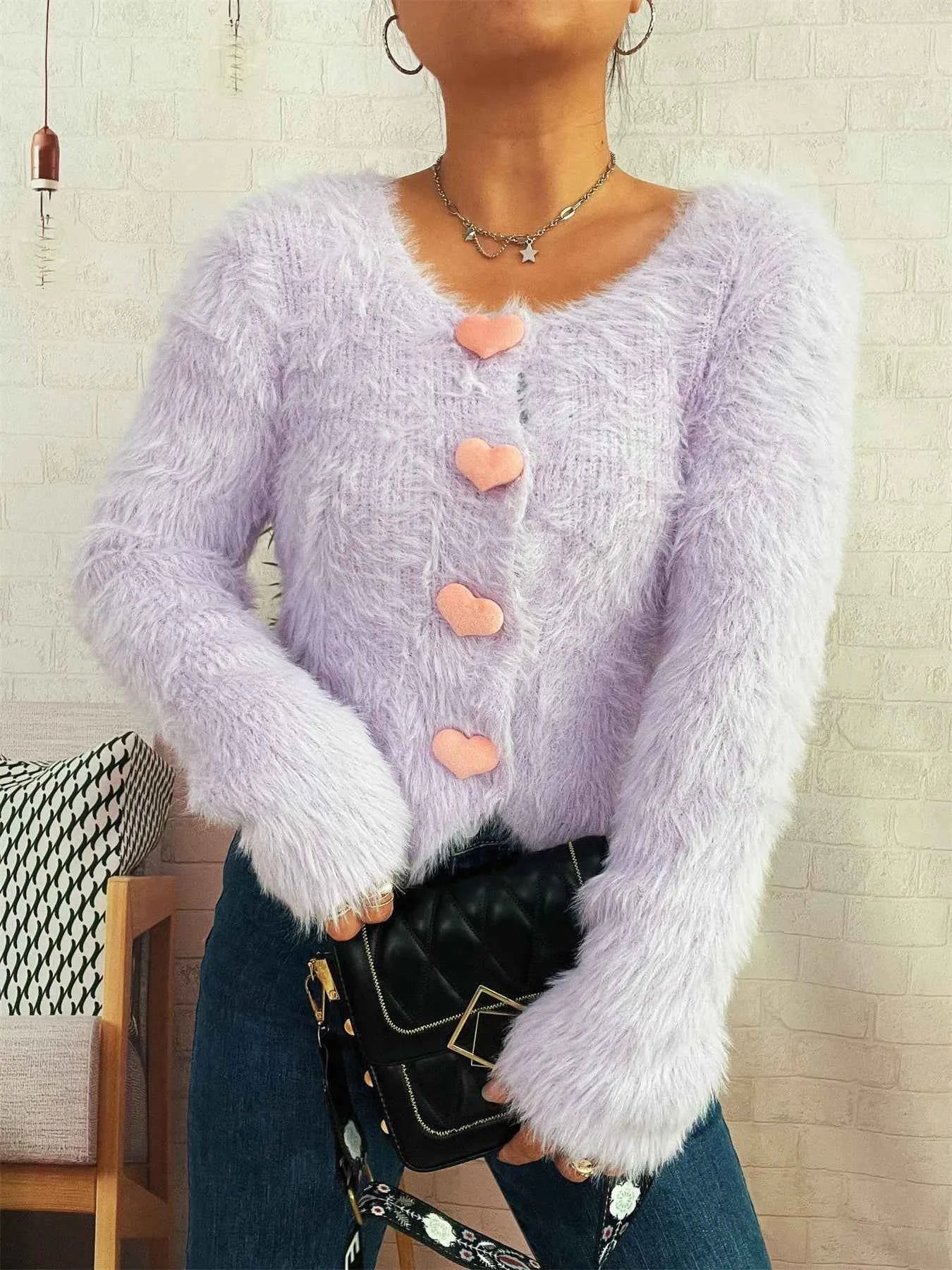 Fuzzy Heart Shape Button-Up Cardigan 36cb399eff2541718d7a4856940a96a0-Max-Origin