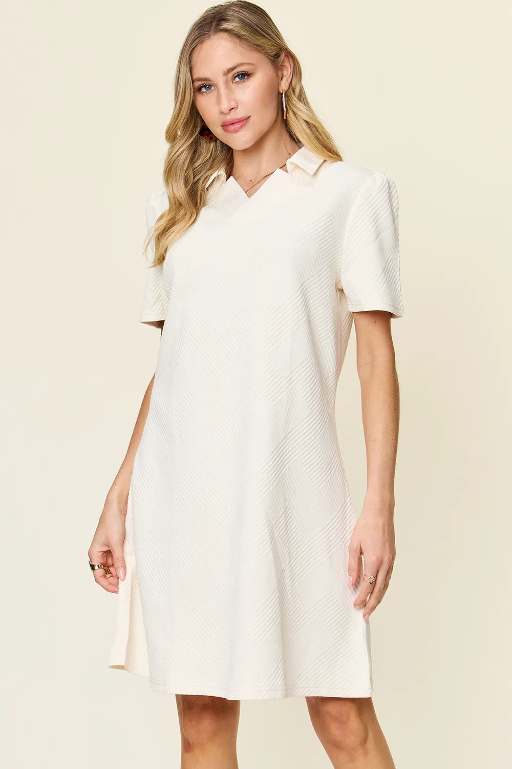 Double Take Full Size Texture Collared Neck Short Sleeve Dress White 36cb704a-9452-4af4-956c-c62a5611bdcc-Max