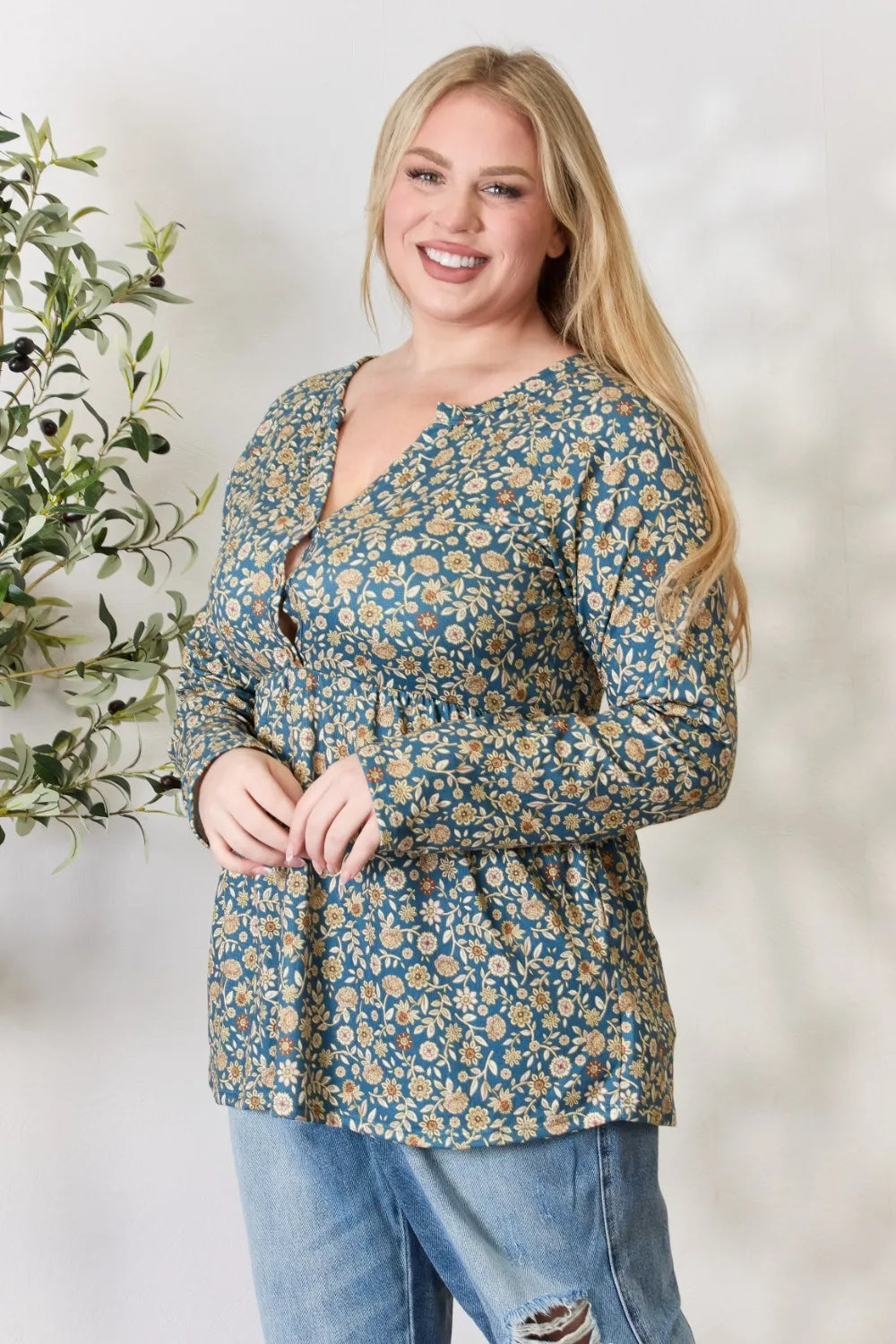Heimish Full Size Floral Half Button Long Sleeve Blouse 36d210395e7d4afaae498c85ec4fd58a-Max