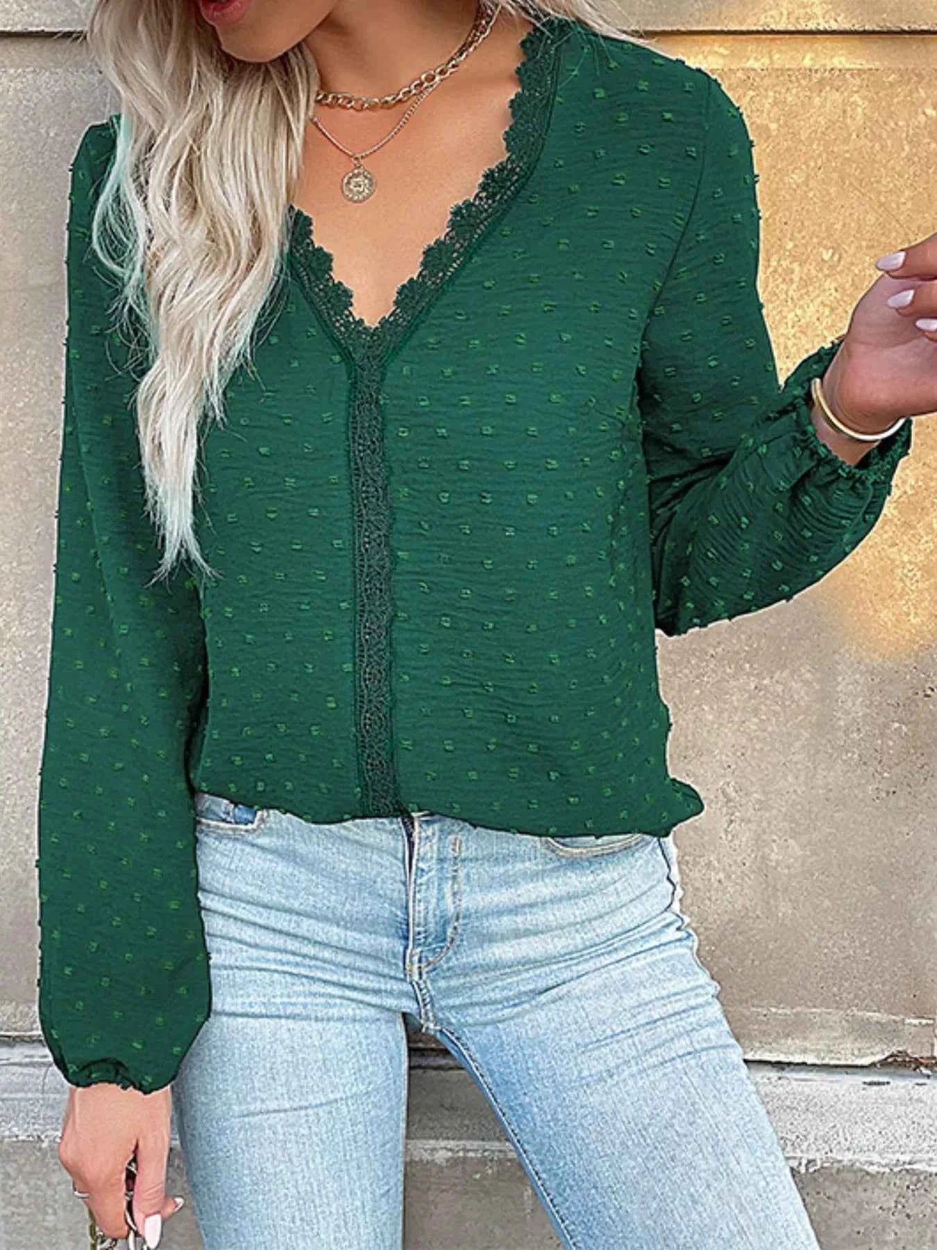 Lace Detail V-Neck Long Sleeve Blouse Dark Green 36d2cf5d-d606-4459-8a2f-fd753ede17e0-Max-Origin