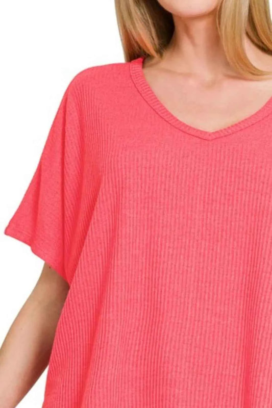 Zenana Ribbed V-Neck Short-Sleeve Knit Top 36da797a-784e-4441-b9d5-d6bed47c78ab-Max-Origin