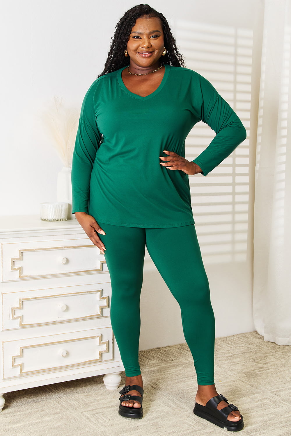 Zenana Lazy Days Full Size Long Sleeve Top and Leggings Set Dark Green 36e078d3d001467c9fb9ddebd82a9ea4-Max
