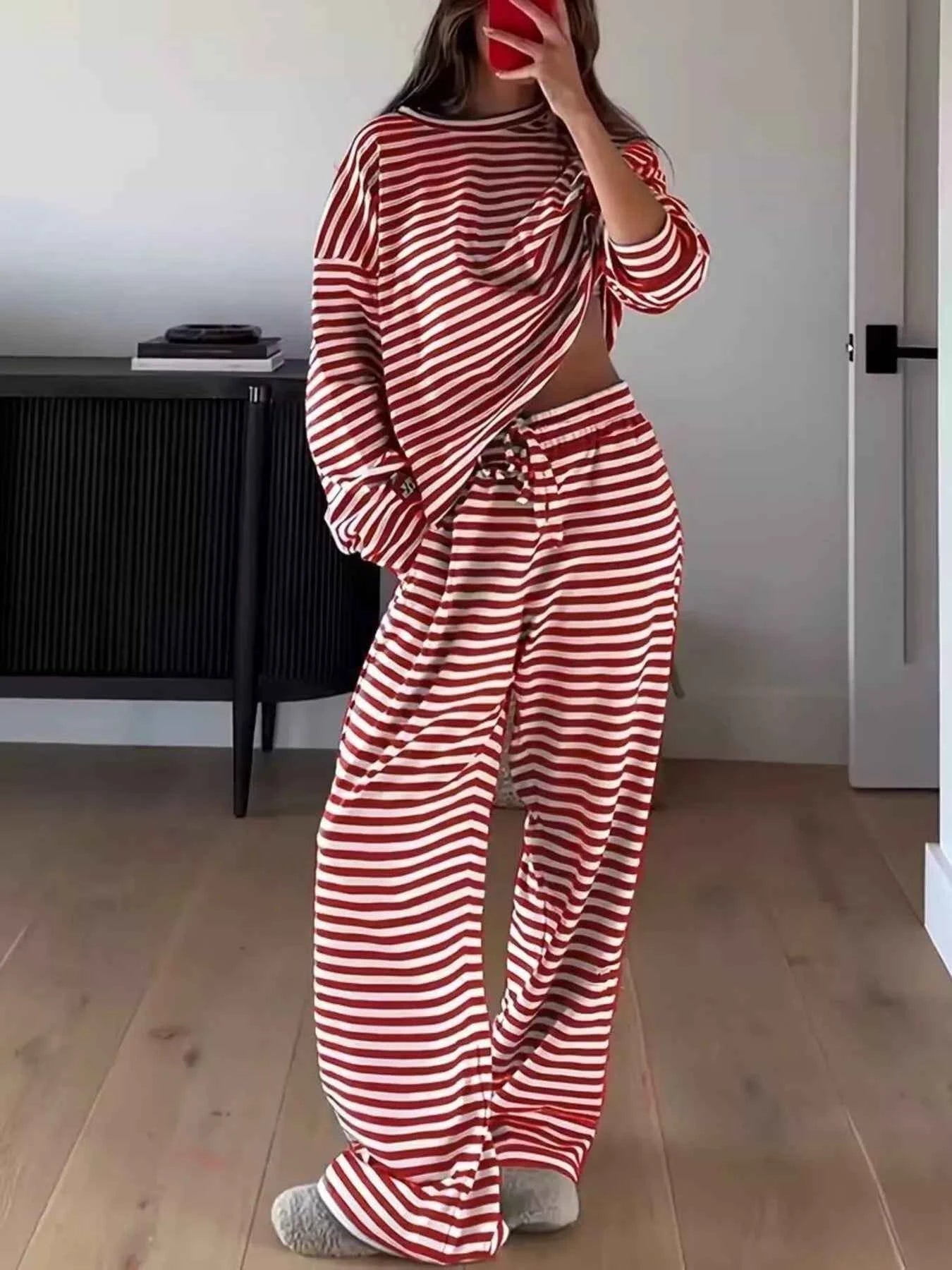 Striped Long Sleeve Top and Pants Set Red 36e3d17503394ff08e80e4db678d0f8a-Max-Origin