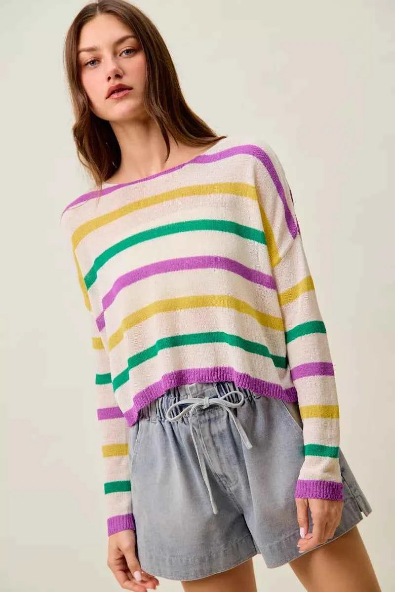 SO ME Mardi Gras Color Stripe Lightweight Sweater Top 36e3d9c9f6d444068e2dab52e62abe88-Max-Origin