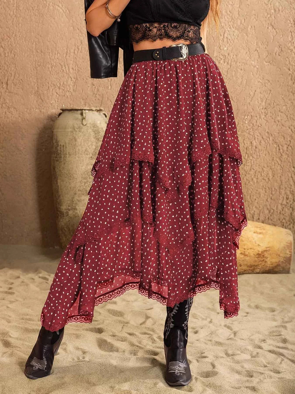Lace Detail Layered Skirt Burgundy 36e8d6bf-9281-46a3-88f2-330266640bec-Max-Origin
