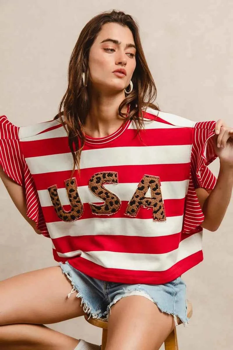 BiBi Stripe Mixed Ruffle Sleeve Top With Leopard Letter 36f3060b8dc344ae94bee10ee516603d-Max-Origin