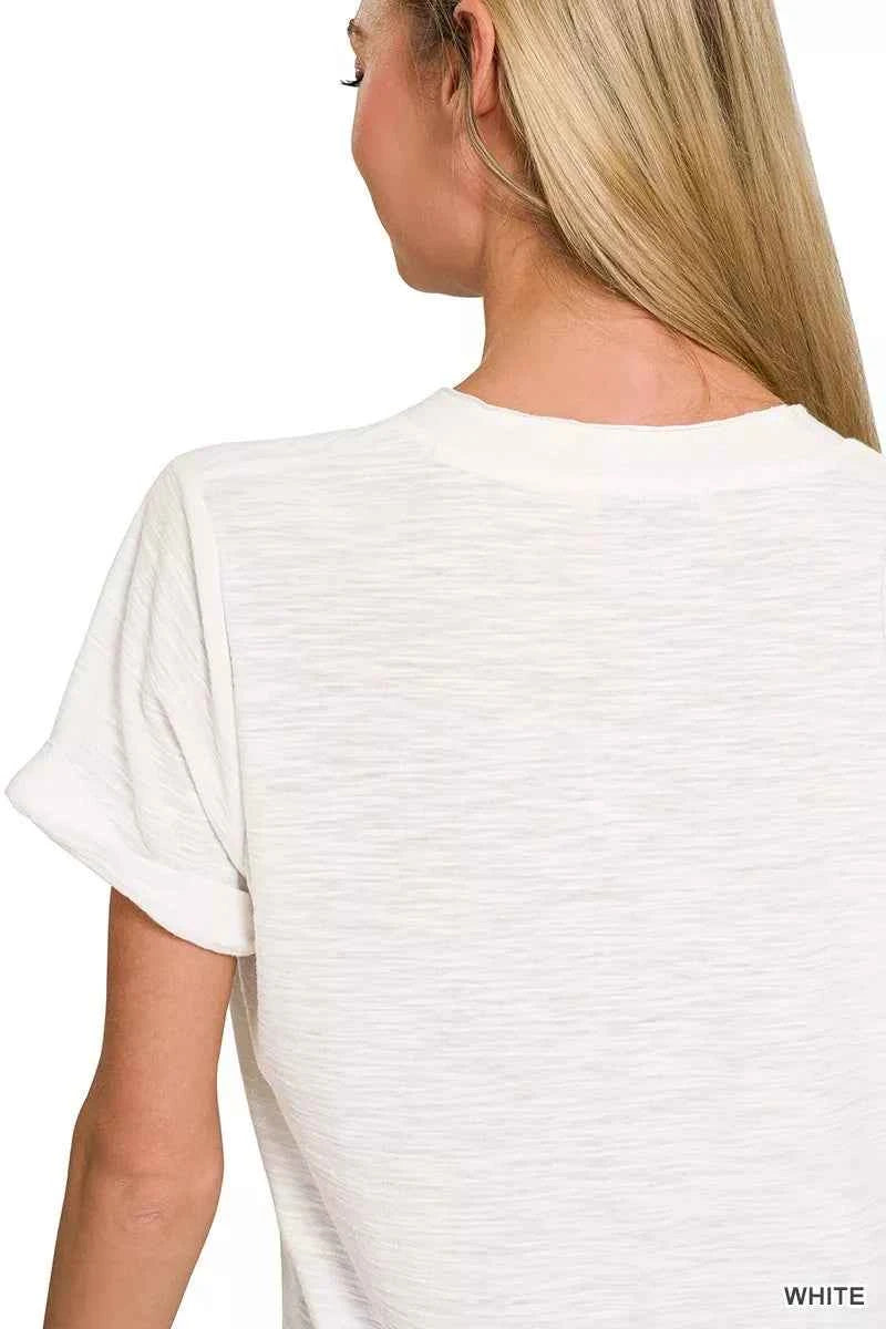Zenana Slub Rolled Short Sleeve V-Neck Tee 36f3b7d3eadc4ad79267fe66125865d7-Max-Origin