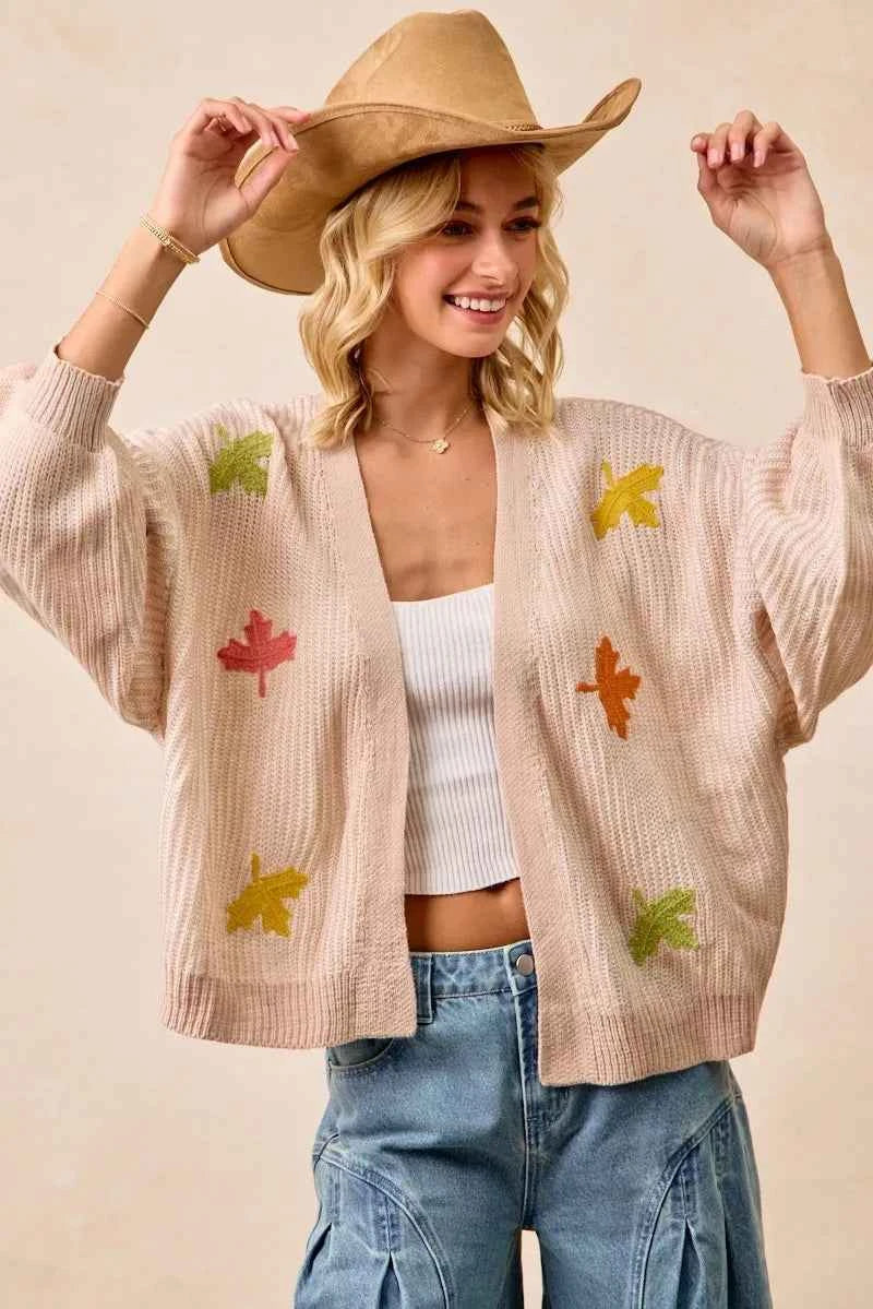 BiBi Two Tone Knit Cardigan with Leaf Patches 36f67a909f0a4609a00512b779d888ca-Max-Origin
