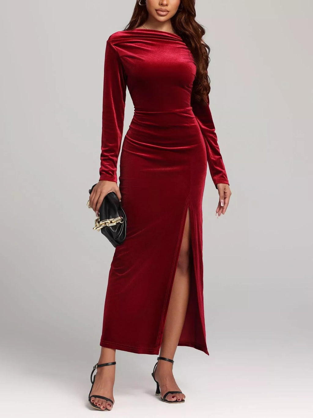 Ruched Velvet Long Sleeve Slit Dress Burgundy 36f9c292-222e-41e4-8d85-0c9e650a7b01-Max-Origin
