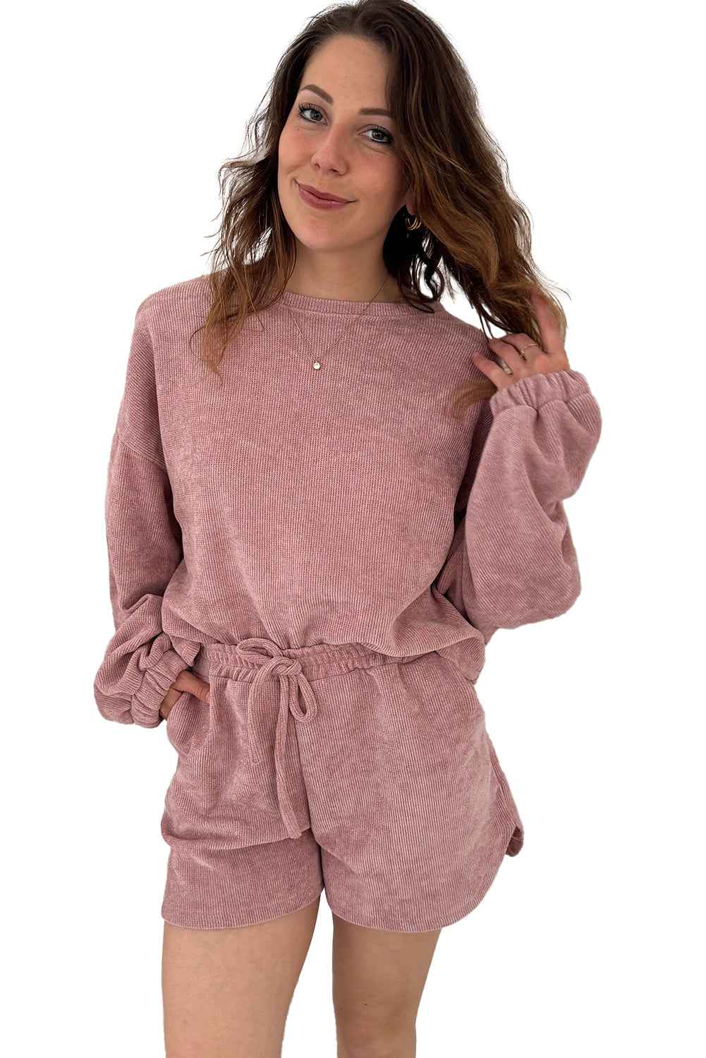 Fushia Textured Knit Drop Shoulder Pullover Drawstring Shorts Set 36fc0a8eeb4de7f8