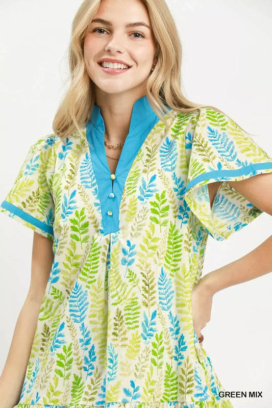 Leaf Print Flutter Sleeve Tiered Mini Dress 36fd2295-24b6-4ac7-96e6-32b4afb65c47-Max-Origin