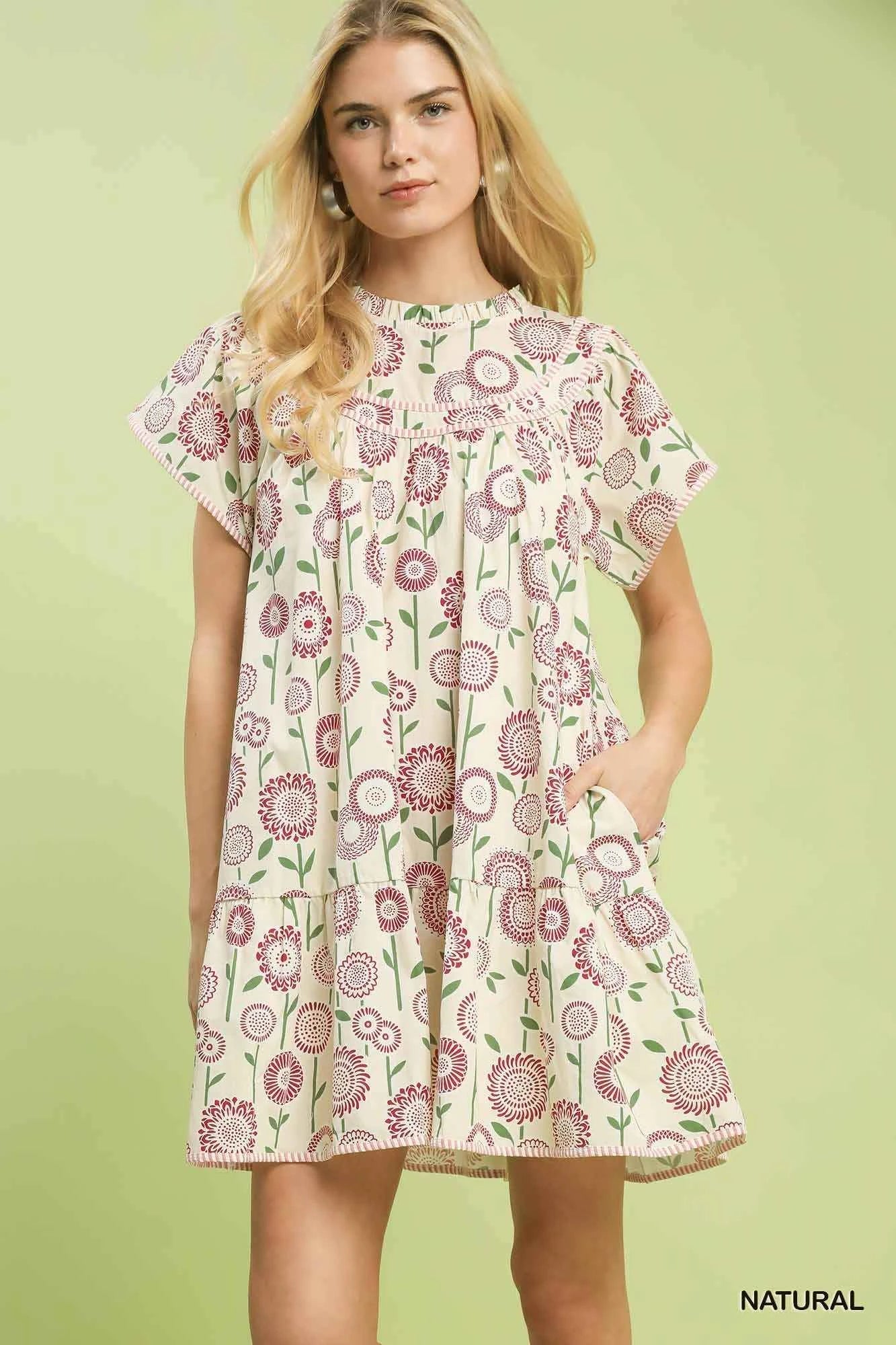 Umgee Floral Print Tiered Babydoll Dress NATURAL 3700516f-e405-4774-a8e0-714bc4947d67-Max