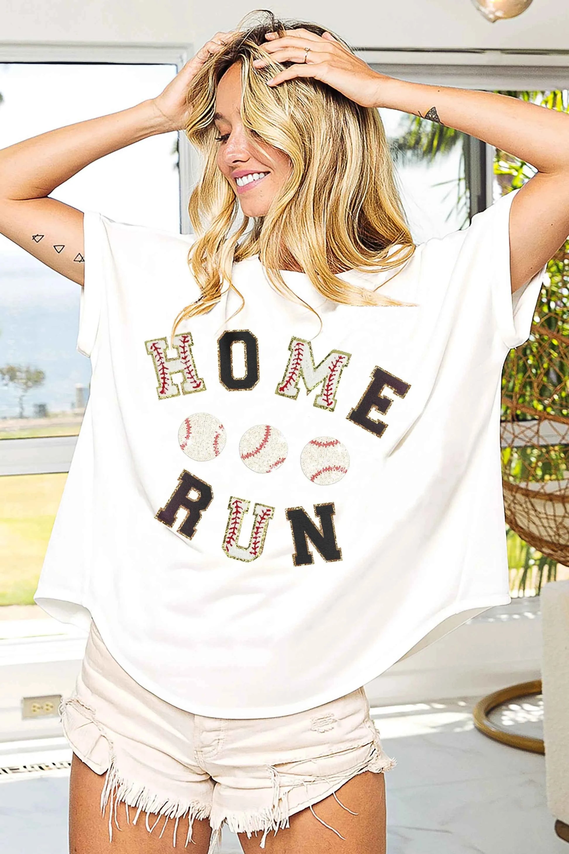 BiBi Baseballs Homerun Letter Washed Short Sleeve Top WHITE BLACK 3706ea6d26574683a2af25758c93d2d8-Max-Origin