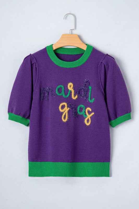 Mardi Gras Tinsel Embroidered Short Sleeve Sweater Tillandsia Purple 370e4129-5f6b-4e13-8f67-0a34cd0f30bc