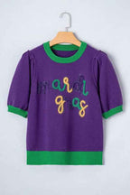Mardi Gras Tinsel Embroidered Short Sleeve Sweater Tillandsia Purple 370e4129-5f6b-4e13-8f67-0a34cd0f30bc