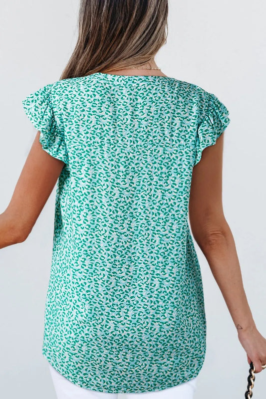 Notched Leopard Ruffle Short Sleeve Blouse